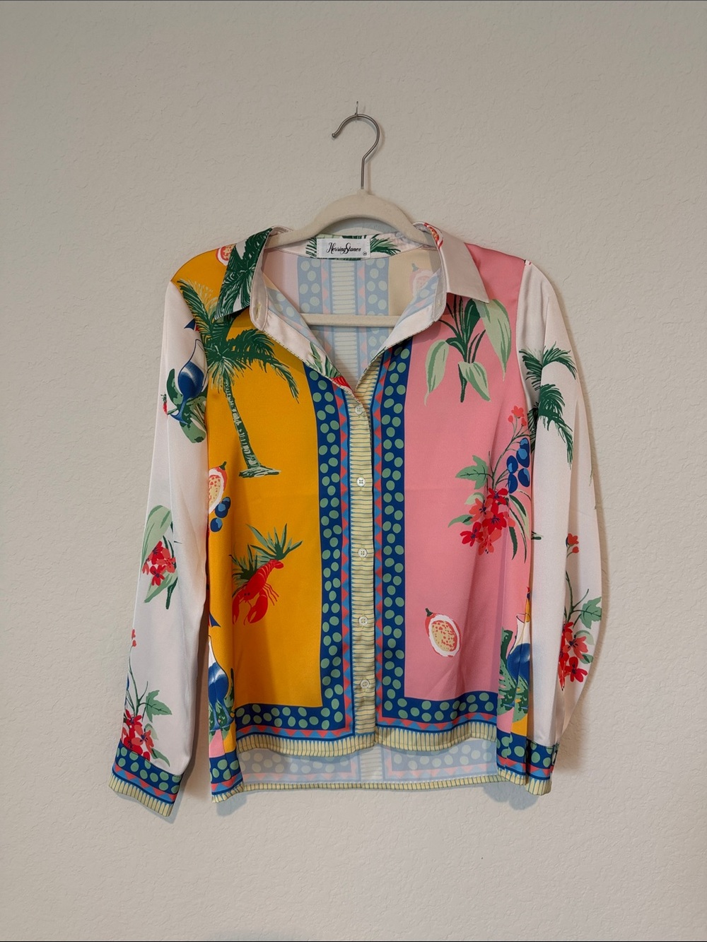 Tropical Patchwork Button-Down Blouse — Pink, Yellow & White